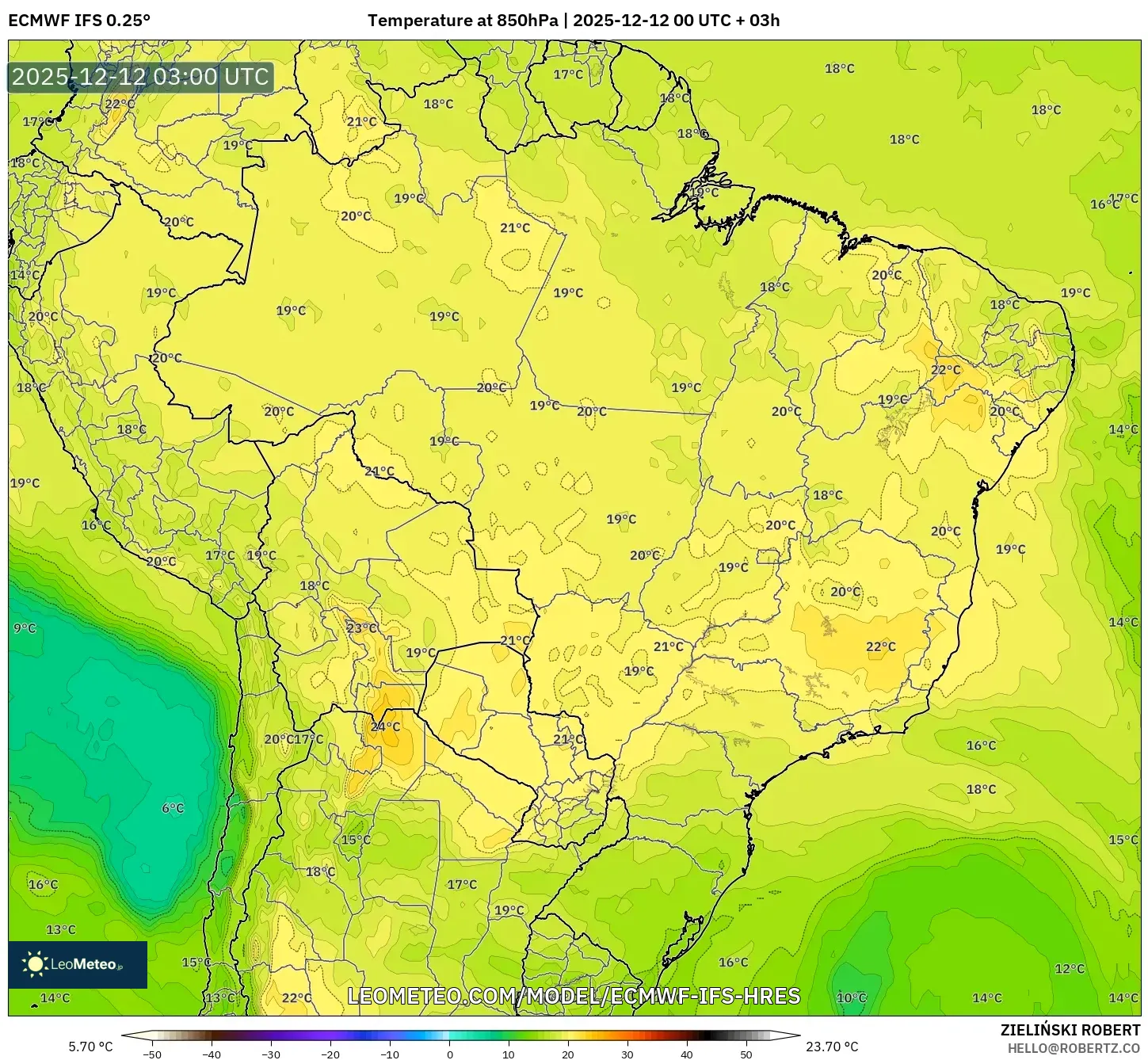 ECMWF IFS 0.25° model - Brazil, Suhu 850 hPa