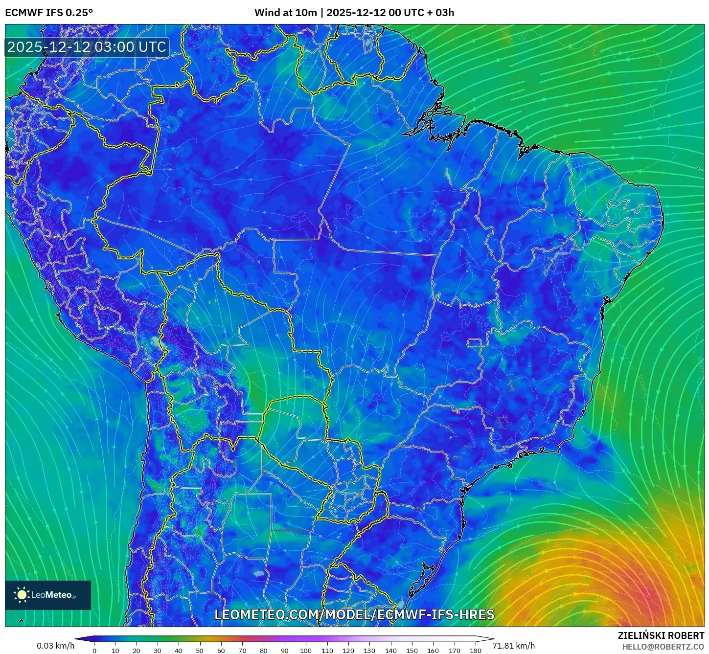 ECMWF IFS 0.25° model - Brazil, Angin 10 m