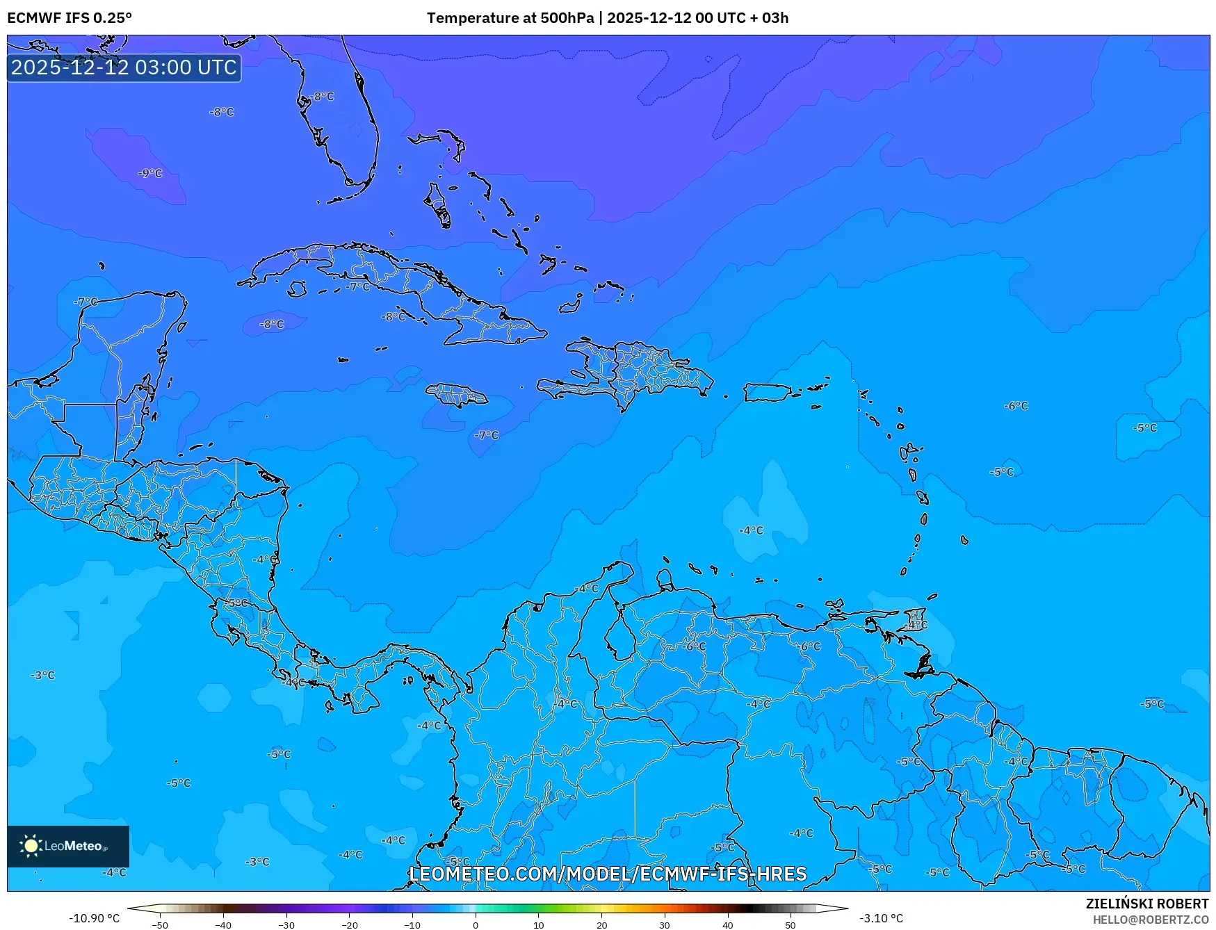 ECMWF IFS 0.25° model - Karibia, Suhu 500 hPa