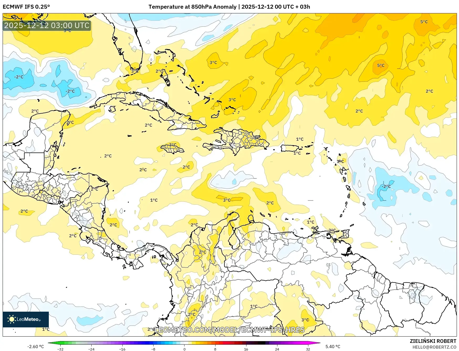ECMWF IFS 0.25° model - Karibia, Anomali Suhu 850 hPa