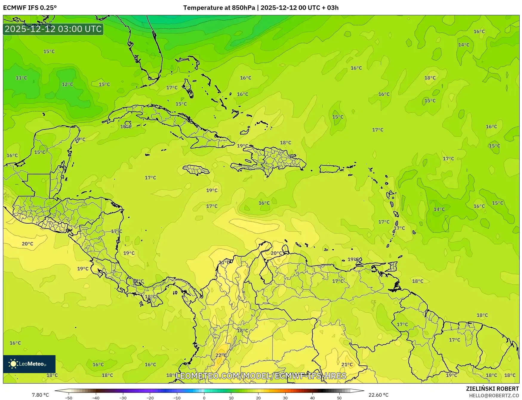 ECMWF IFS 0.25° model - Karibia, Suhu 850 hPa