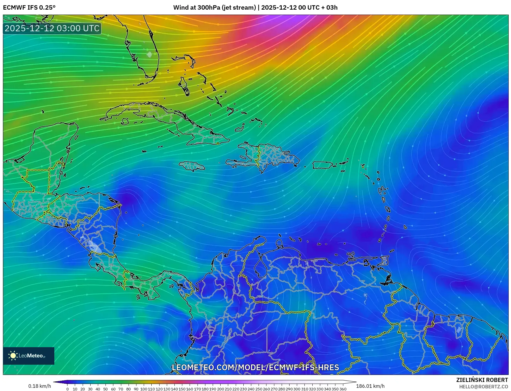 ECMWF IFS 0.25° model - Karibia, Angin 300 hPa (aliran jet)