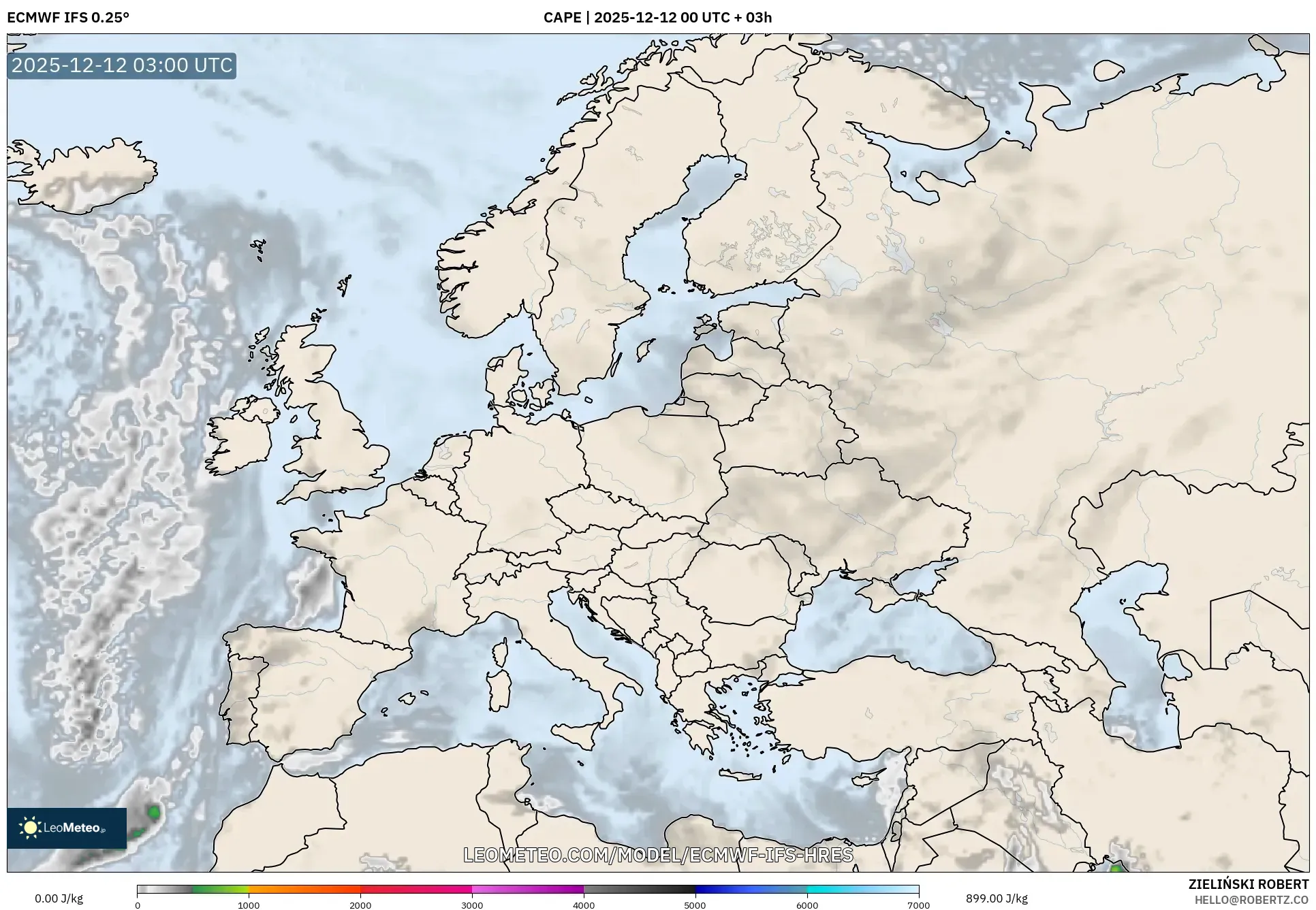 ECMWF IFS 0.25° model - Eropah, CAPE