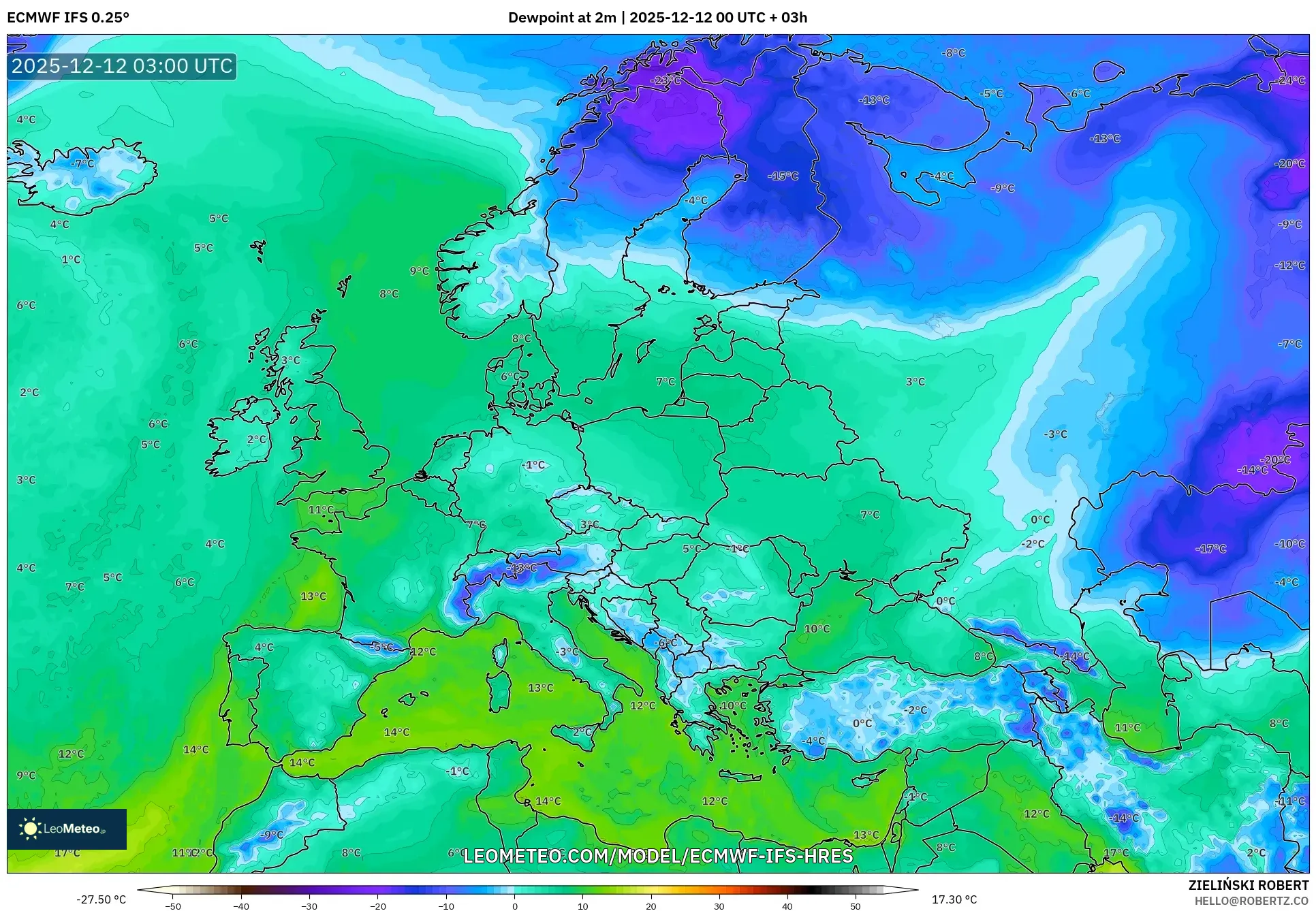 ECMWF IFS 0.25° model - Eropah, Takat Embun 2 m