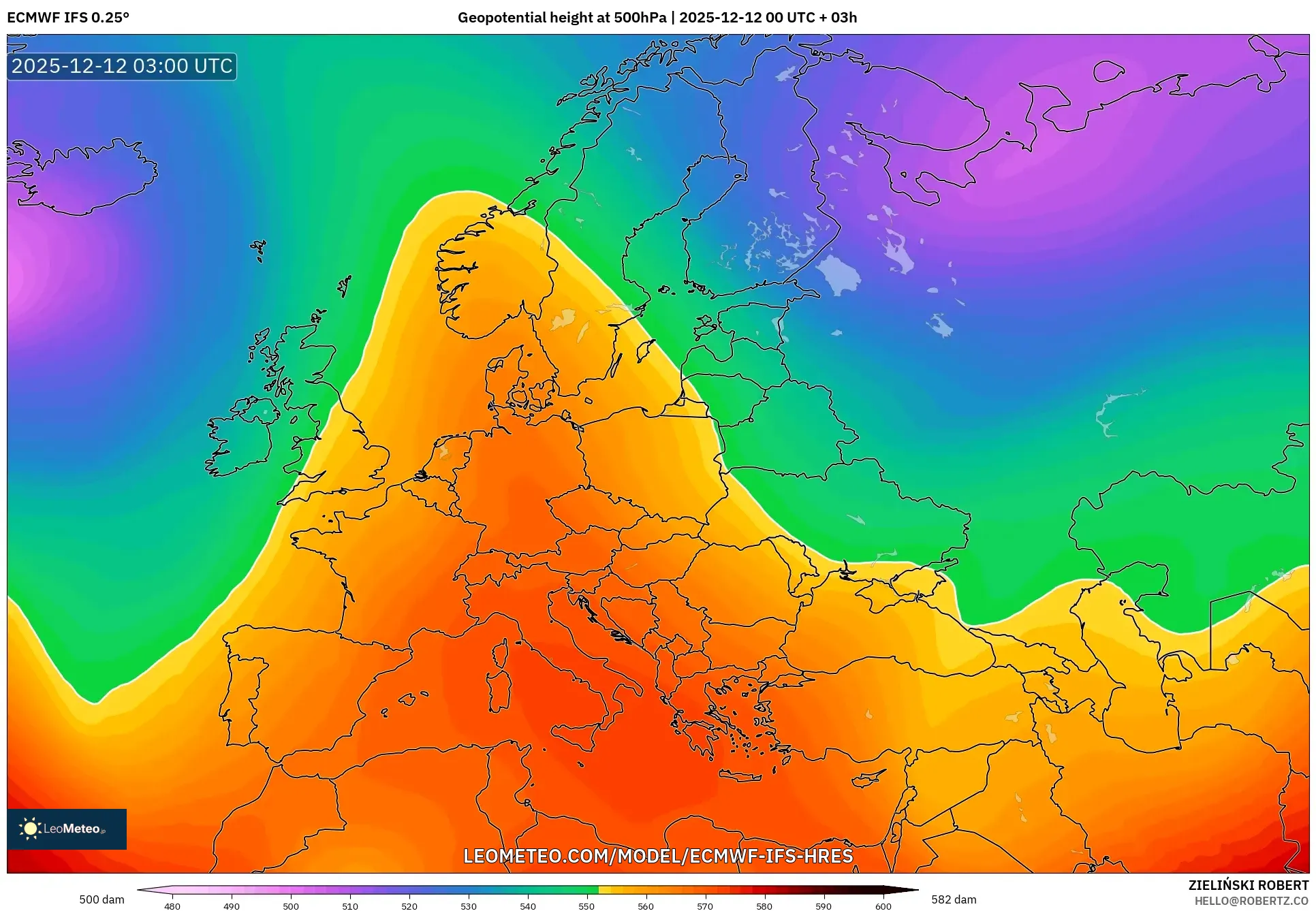 ECMWF IFS 0.25° model - Eropah, Ketinggian geopotensial pada 500 hPa