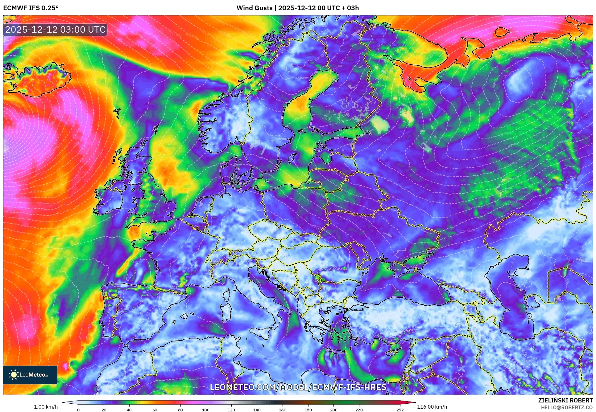 ECMWF IFS 0.25° model - Eropah, Hembusan Angin