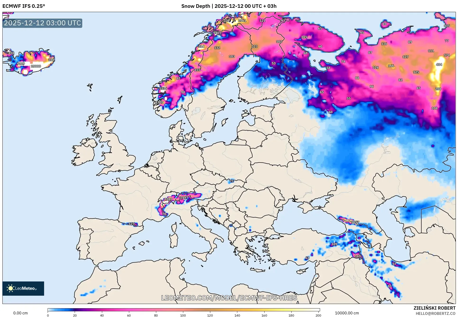 ECMWF IFS 0.25° model - Eropah, Ketebalan Salji