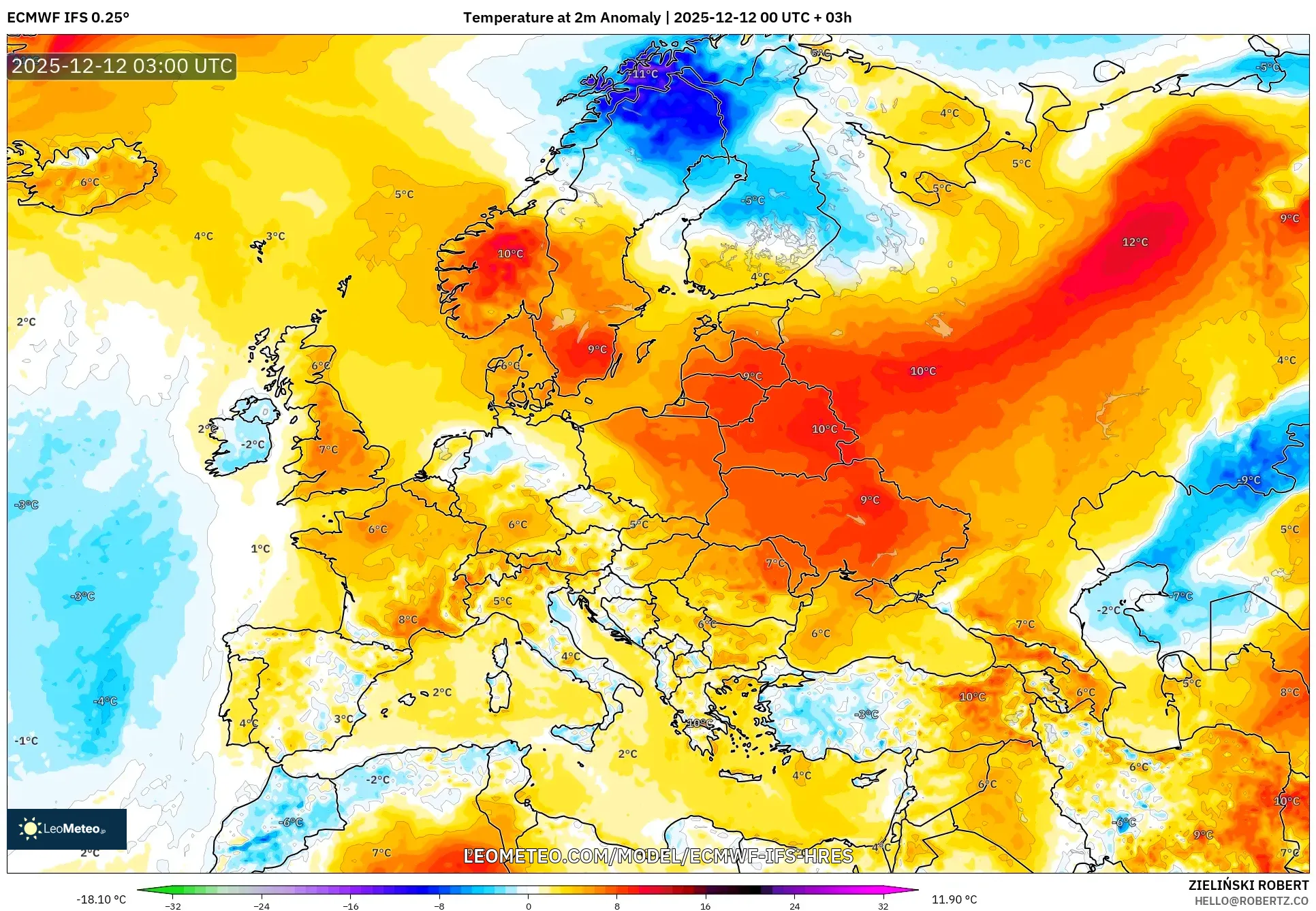 ECMWF IFS 0.25° model - Eropah, Anomali Suhu 2 m