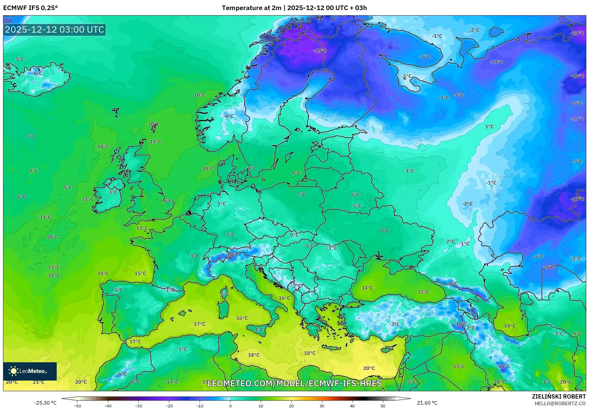ECMWF IFS 0.25° model - Eropah, Suhu pada 2 m