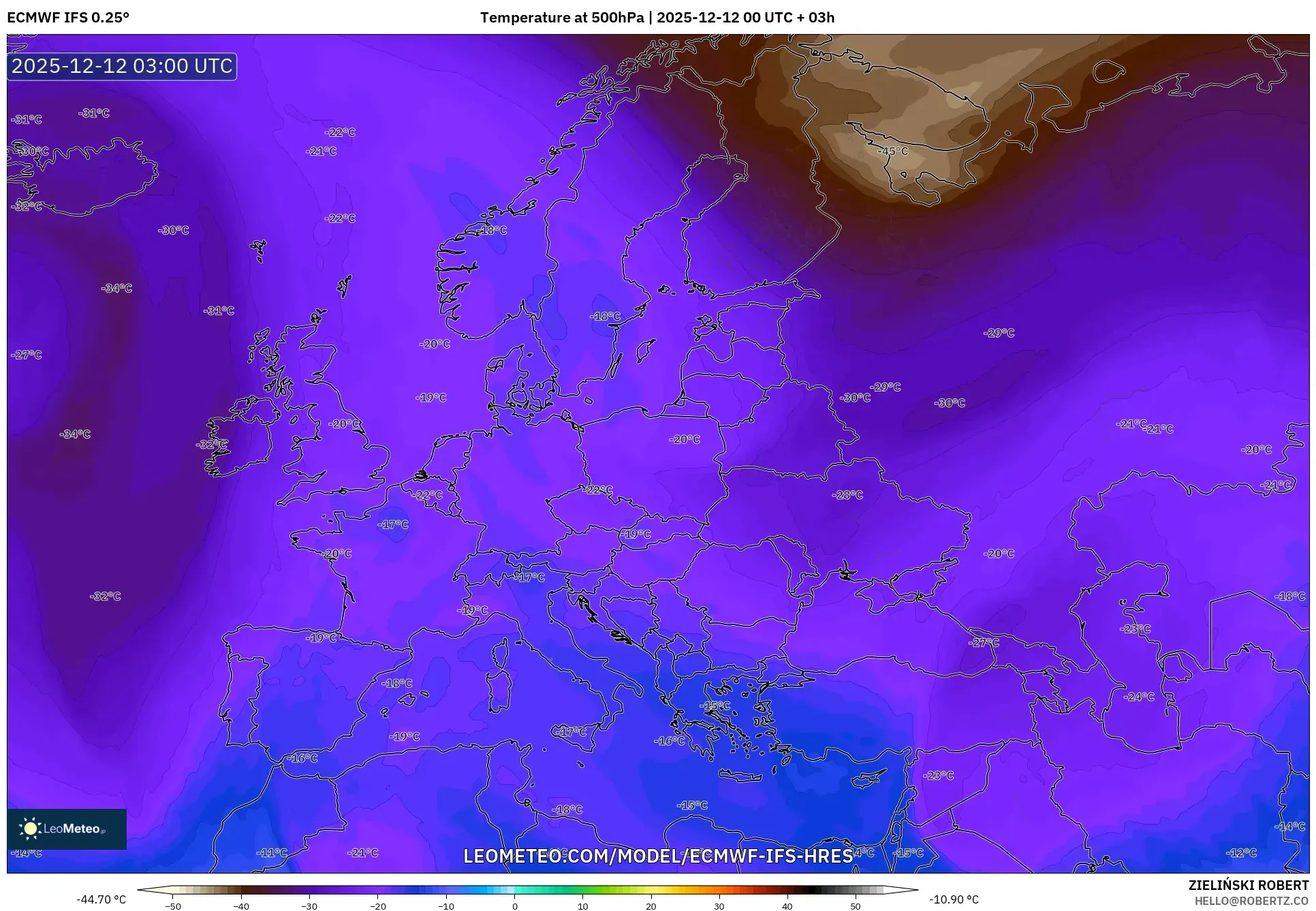 ECMWF IFS 0.25° model - Eropah, Suhu 500 hPa