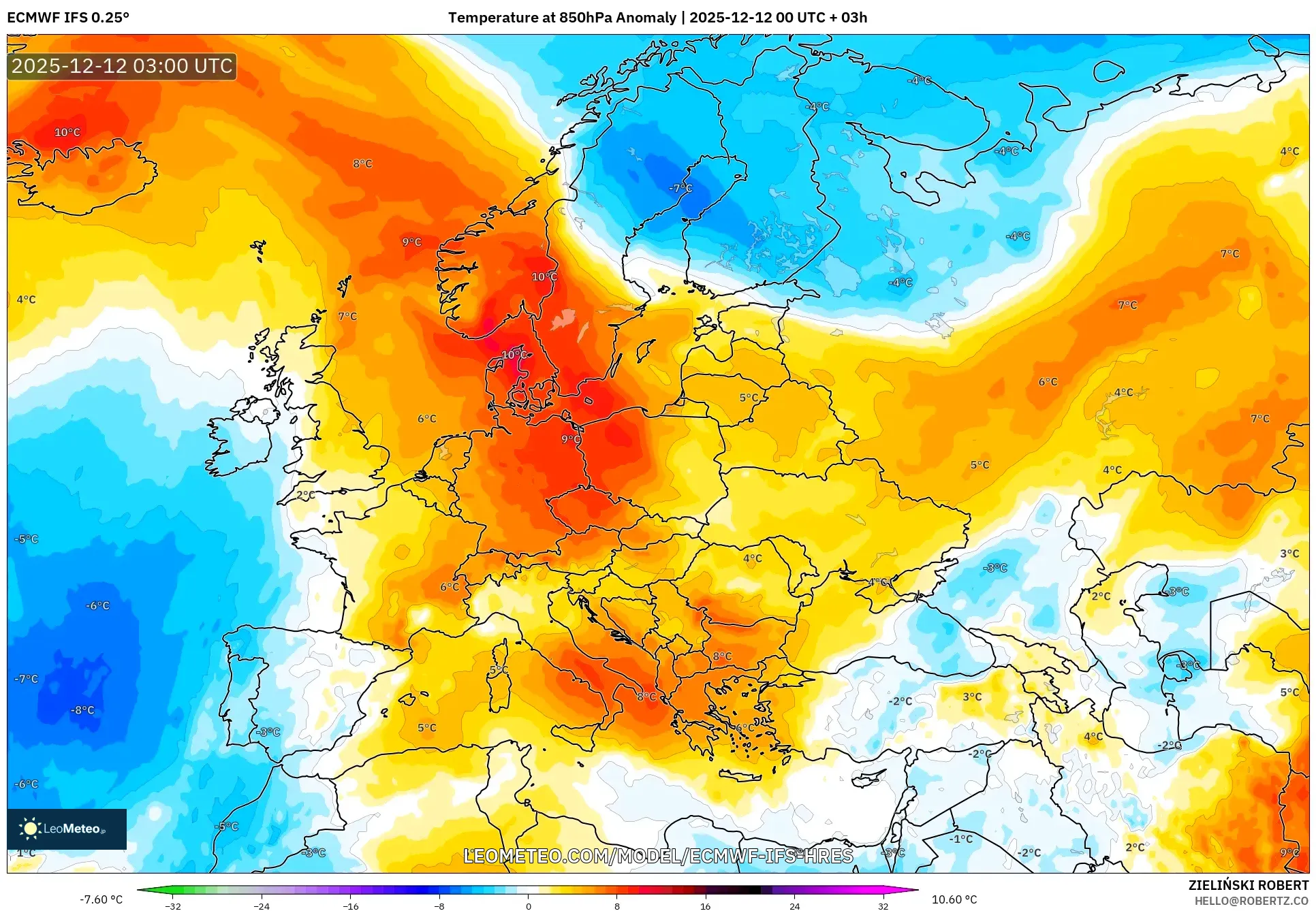 ECMWF IFS 0.25° model - Eropah, Anomali Suhu 850 hPa