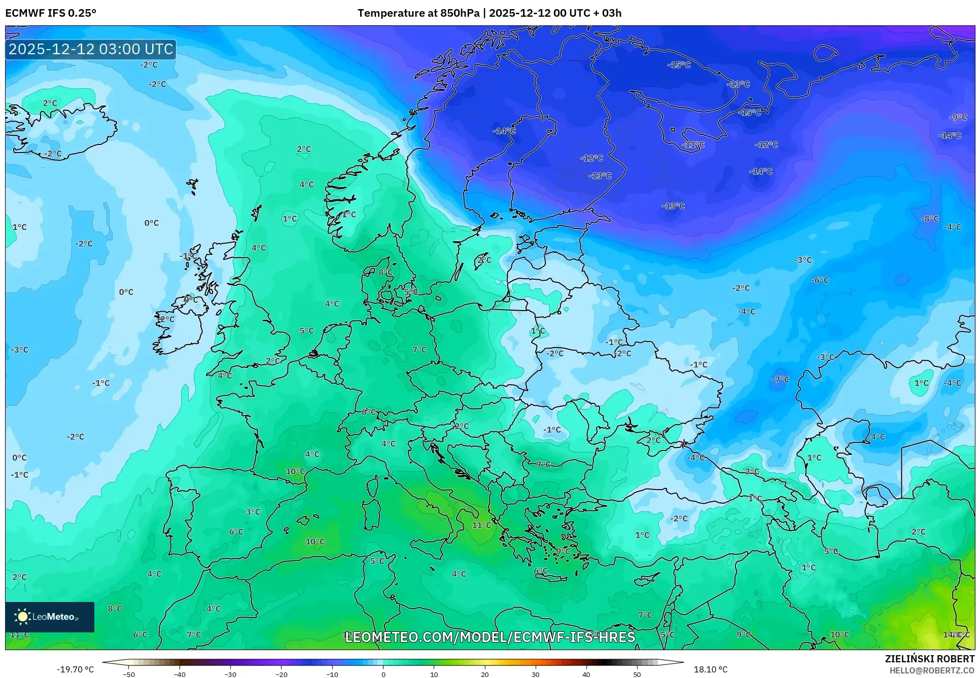 ECMWF IFS 0.25° model - Eropah, Suhu 850 hPa