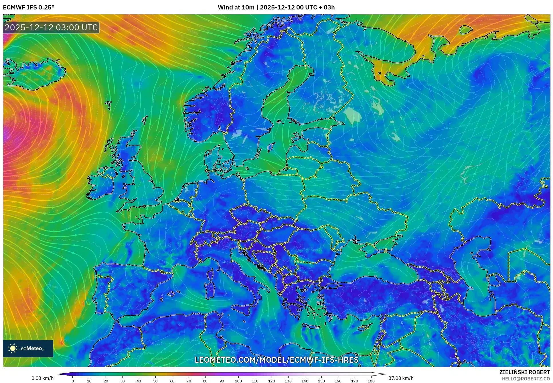 ECMWF IFS 0.25° model - Eropah, Angin 10 m