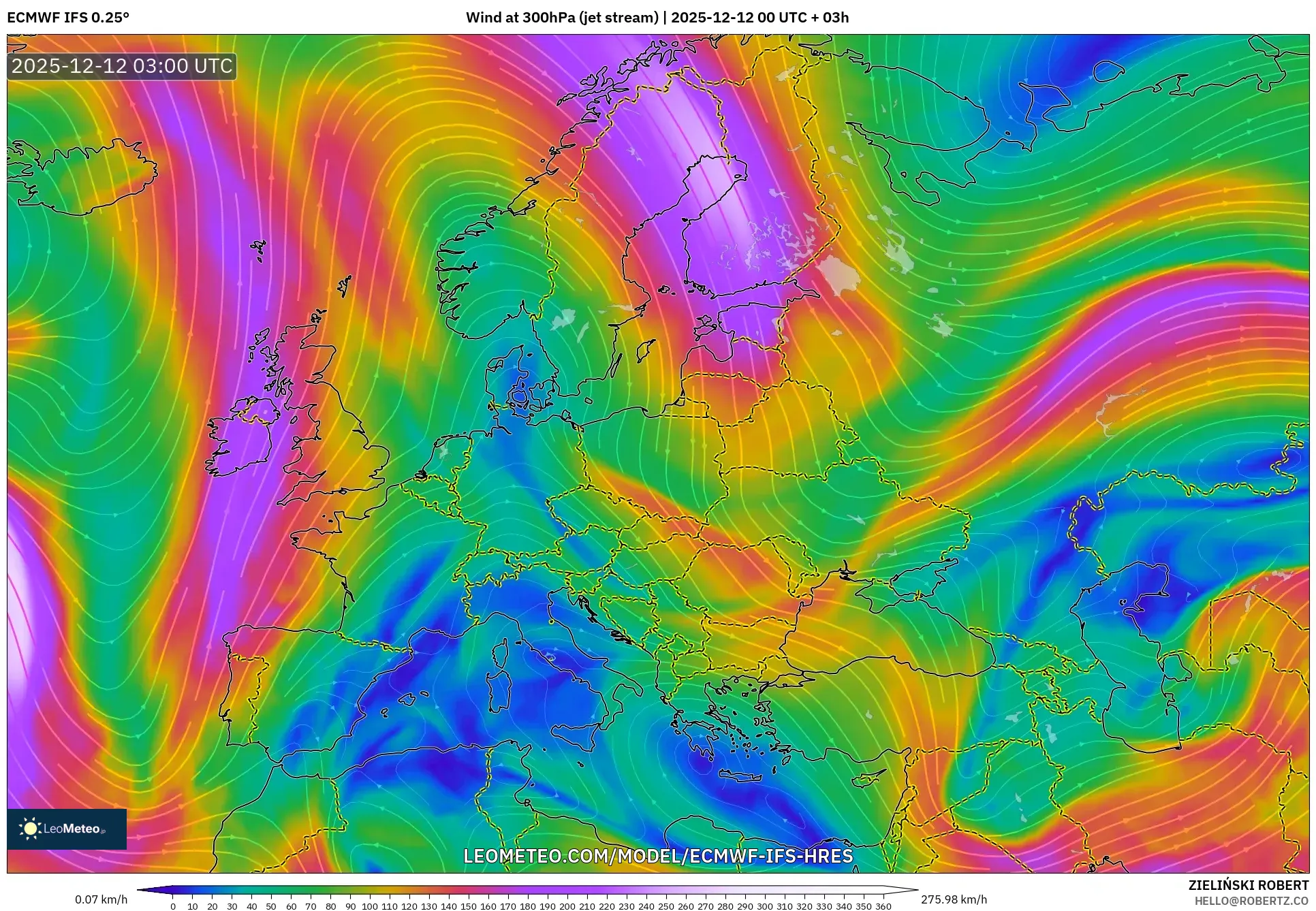 ECMWF IFS 0.25° model - Eropah, Angin 300 hPa (aliran jet)