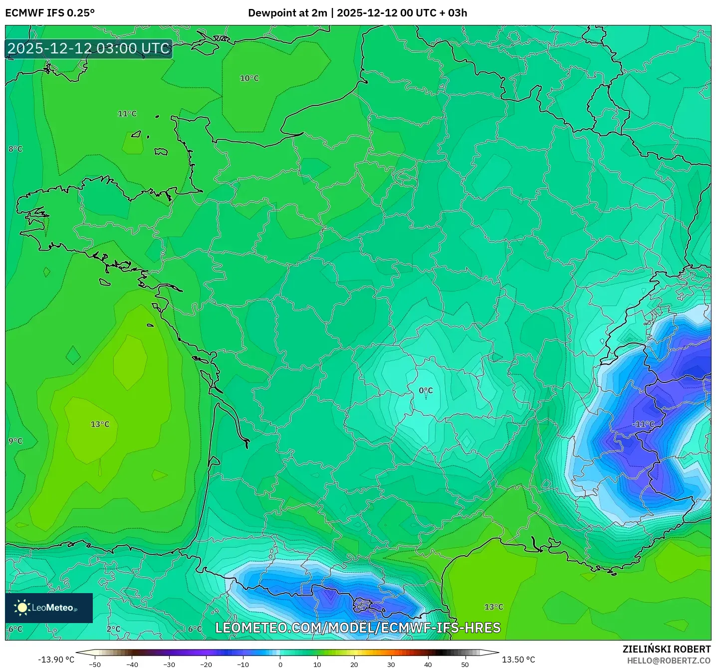 ECMWF IFS 0.25° model - Perancis, Takat Embun 2 m