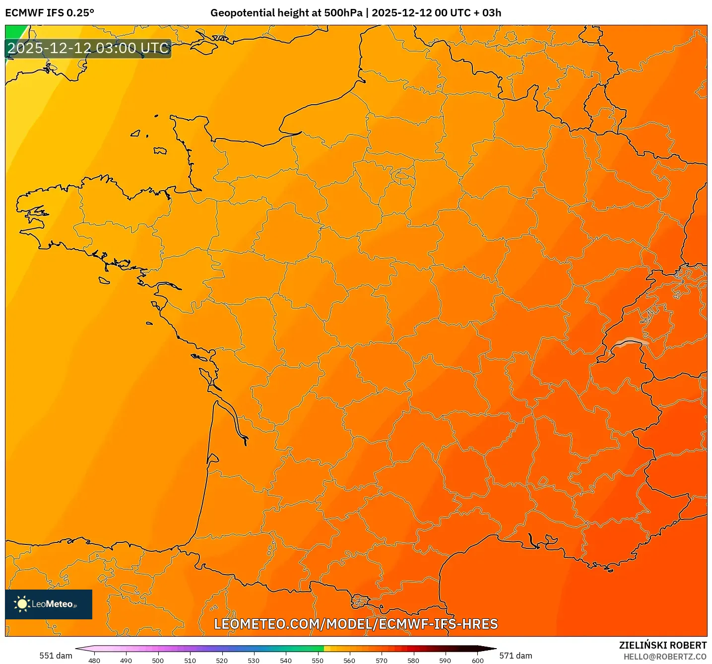 ECMWF IFS 0.25° model - Perancis, Ketinggian geopotensial pada 500 hPa