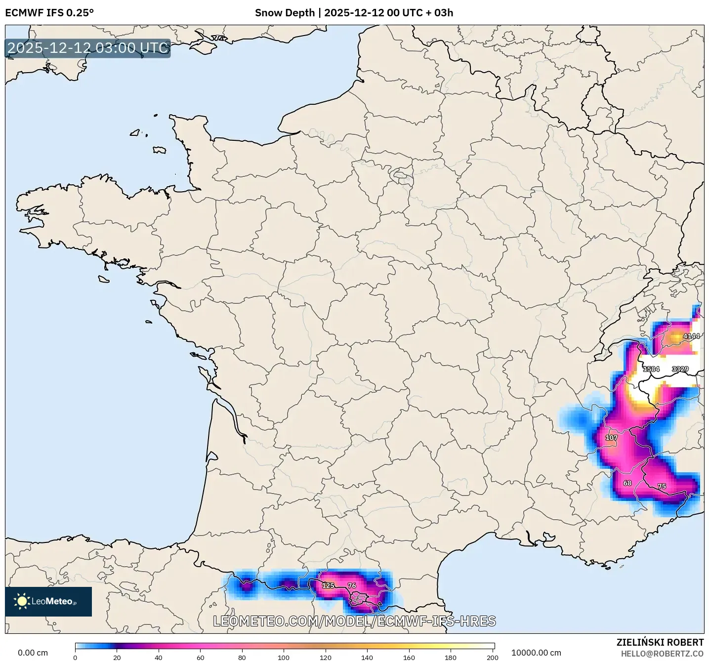 ECMWF IFS 0.25° model - Perancis, Ketebalan Salji