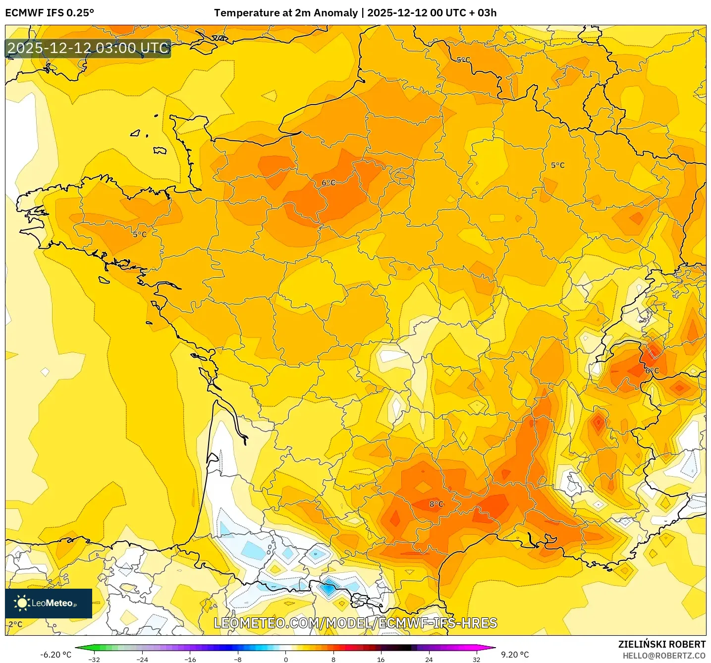 ECMWF IFS 0.25° model - Perancis, Anomali Suhu 2 m