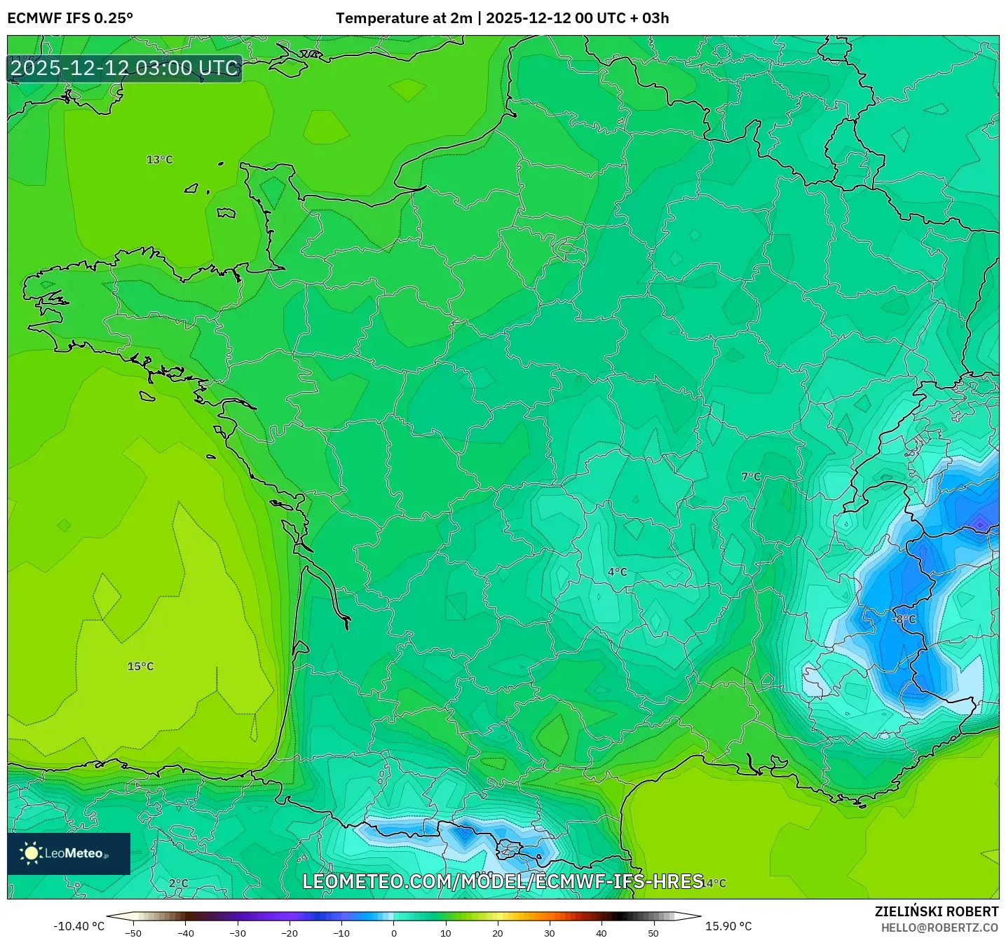 ECMWF IFS 0.25° model - Perancis, Suhu pada 2 m