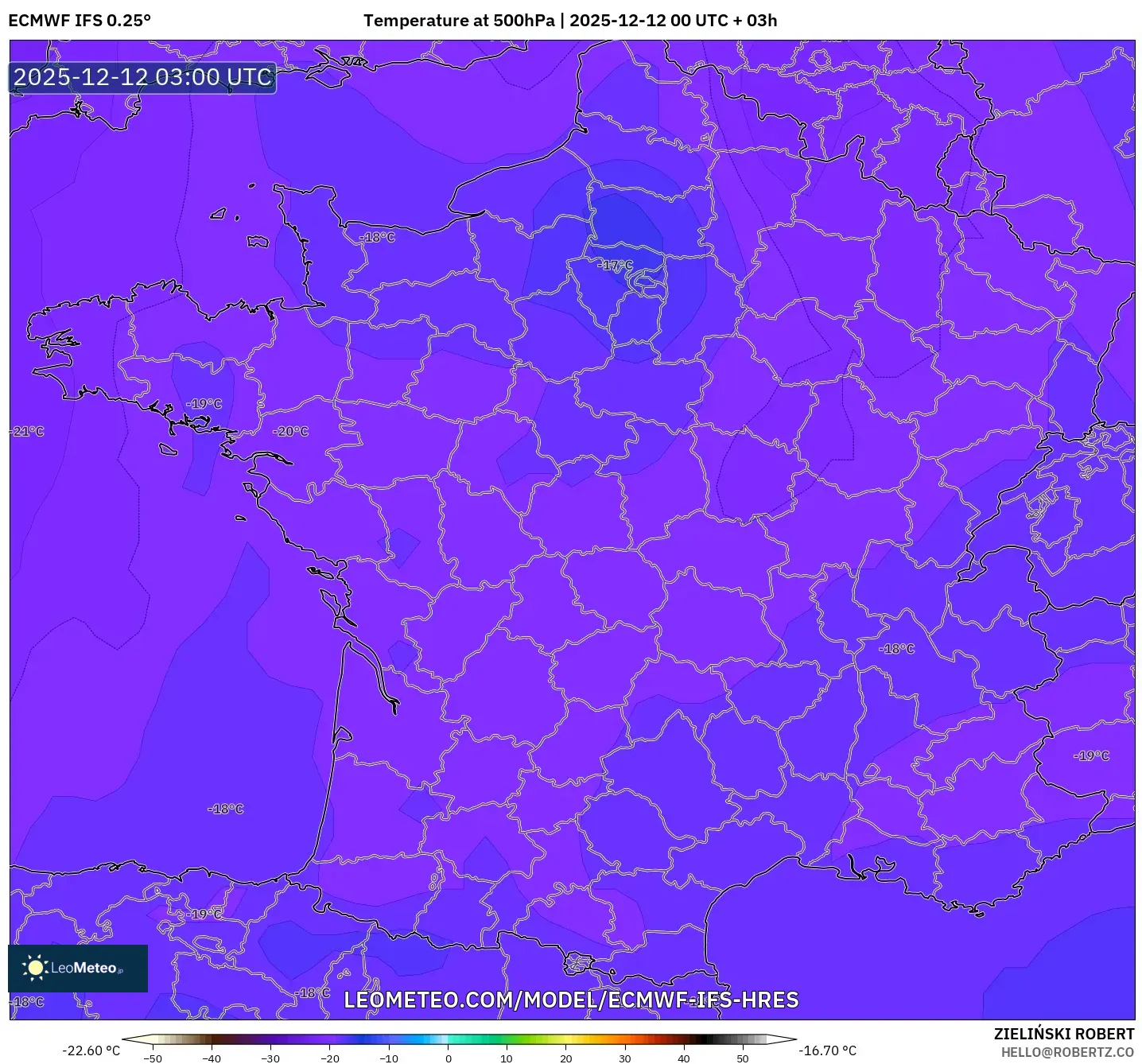 ECMWF IFS 0.25° model - Perancis, Suhu 500 hPa
