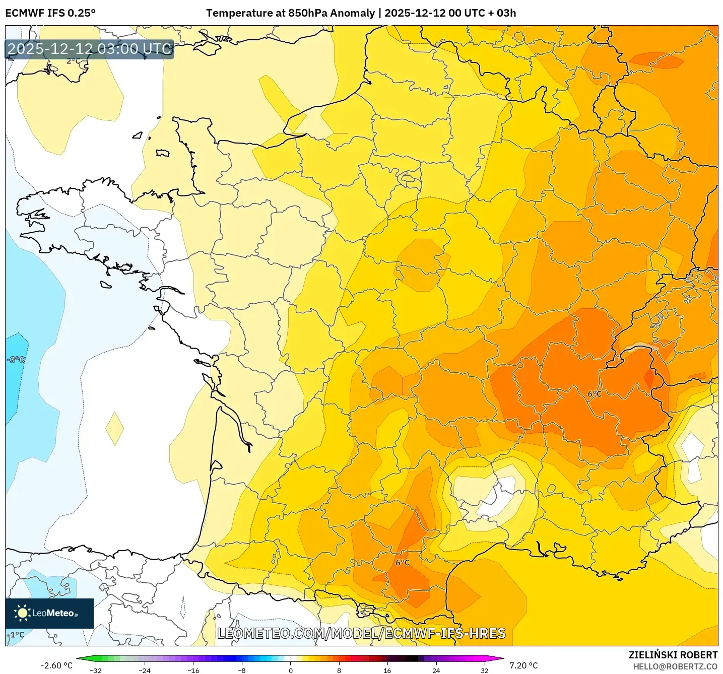 ECMWF IFS 0.25° model - Perancis, Anomali Suhu 850 hPa