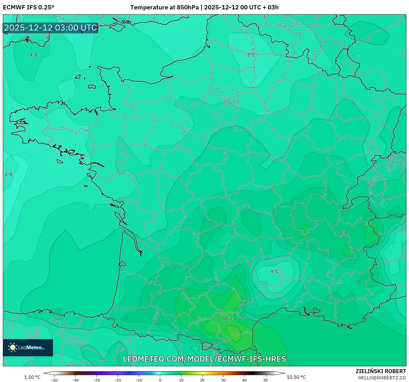 ECMWF IFS 0.25° model - Perancis, Suhu 850 hPa