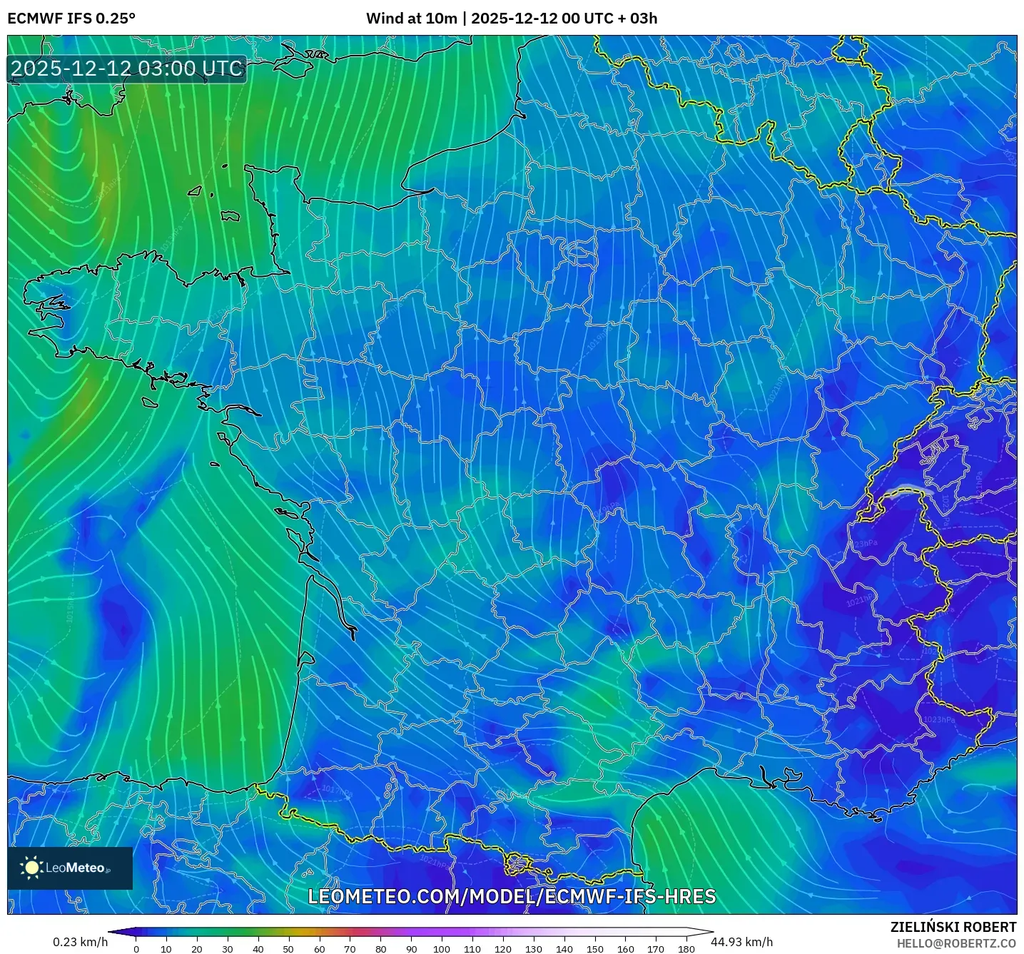 ECMWF IFS 0.25° model - Perancis, Angin 10 m