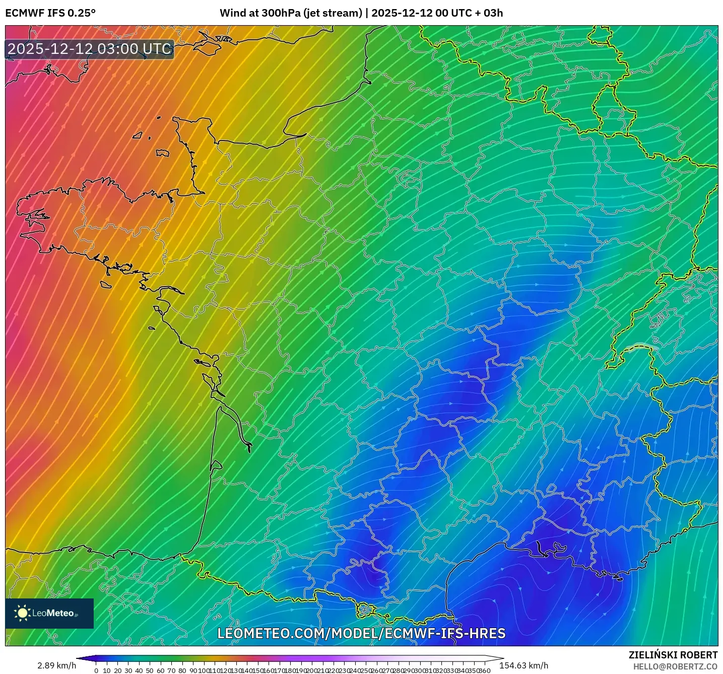 ECMWF IFS 0.25° model - Perancis, Angin 300 hPa (aliran jet)