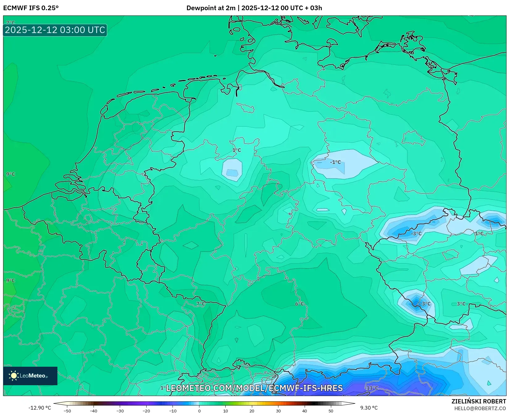 ECMWF IFS 0.25° model - Jerman, Takat Embun 2 m