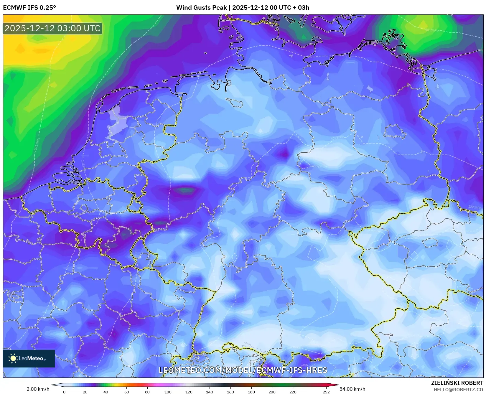ECMWF IFS 0.25° model - Jerman, Hembusan Tertinggi