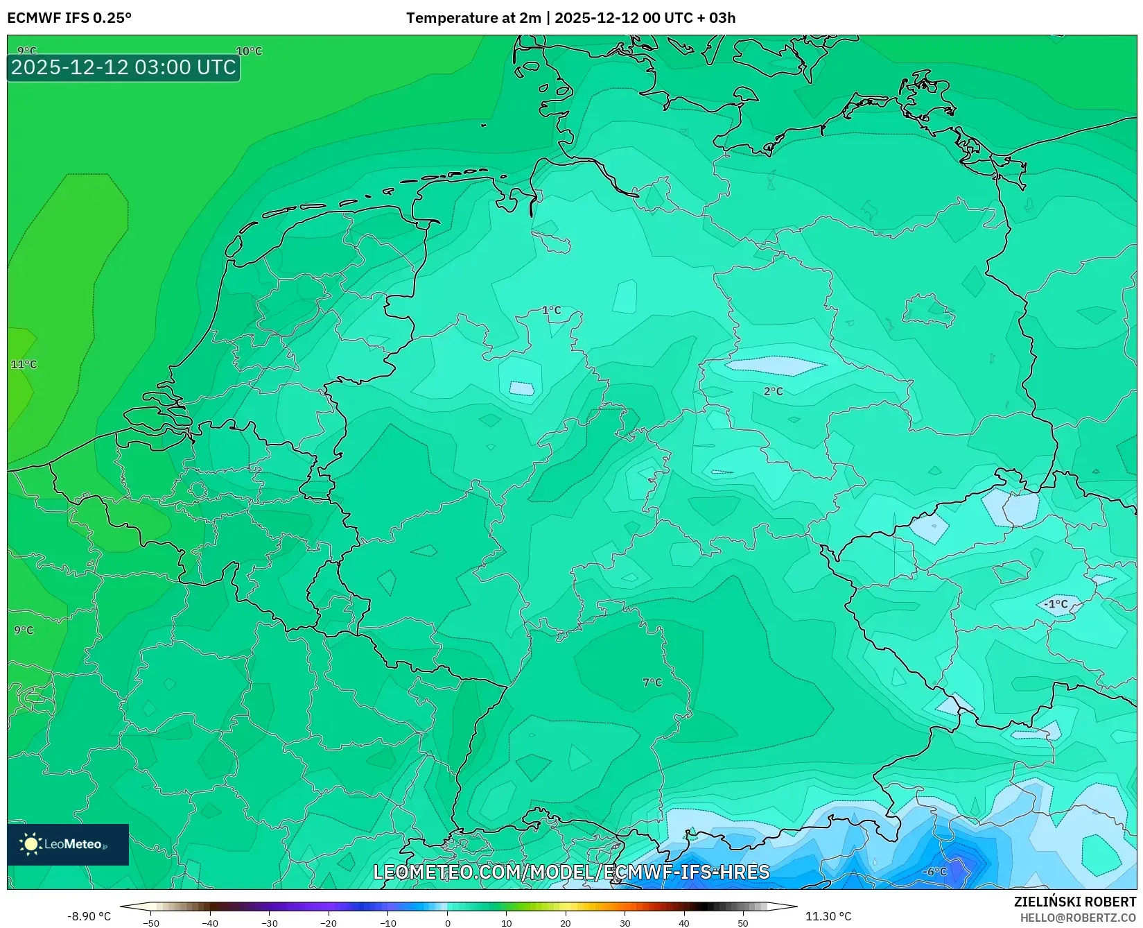 ECMWF IFS 0.25° model - Jerman, Suhu pada 2 m