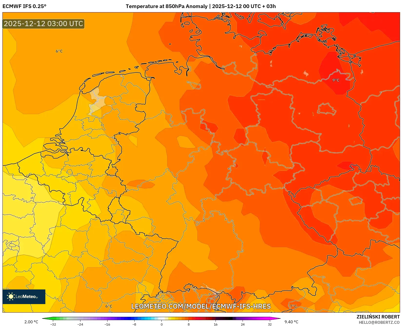 ECMWF IFS 0.25° model - Jerman, Anomali Suhu 850 hPa