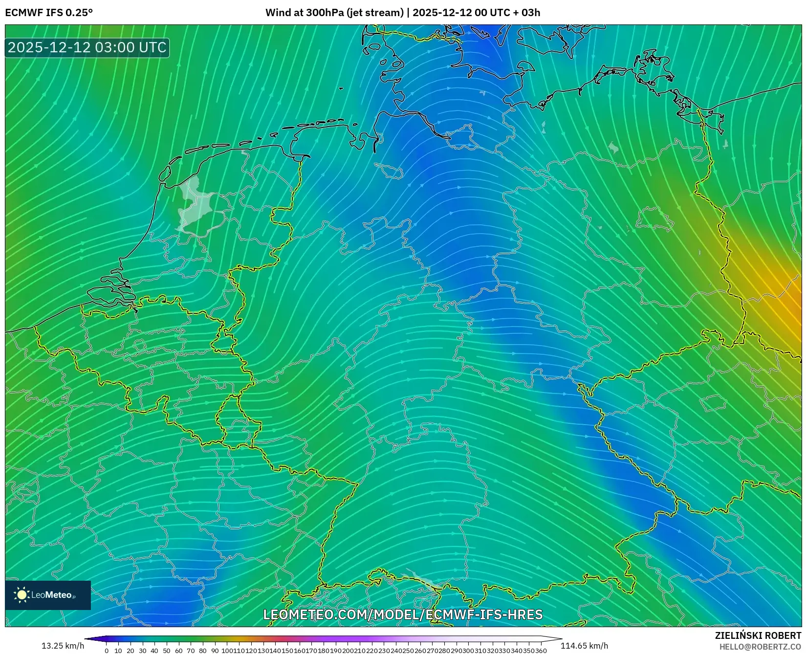 ECMWF IFS 0.25° model - Jerman, Angin 300 hPa (aliran jet)