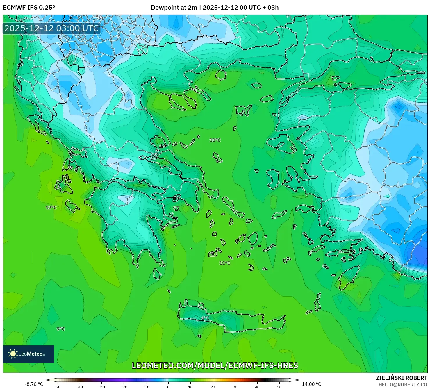ECMWF IFS 0.25° model - Yunani, Takat Embun 2 m