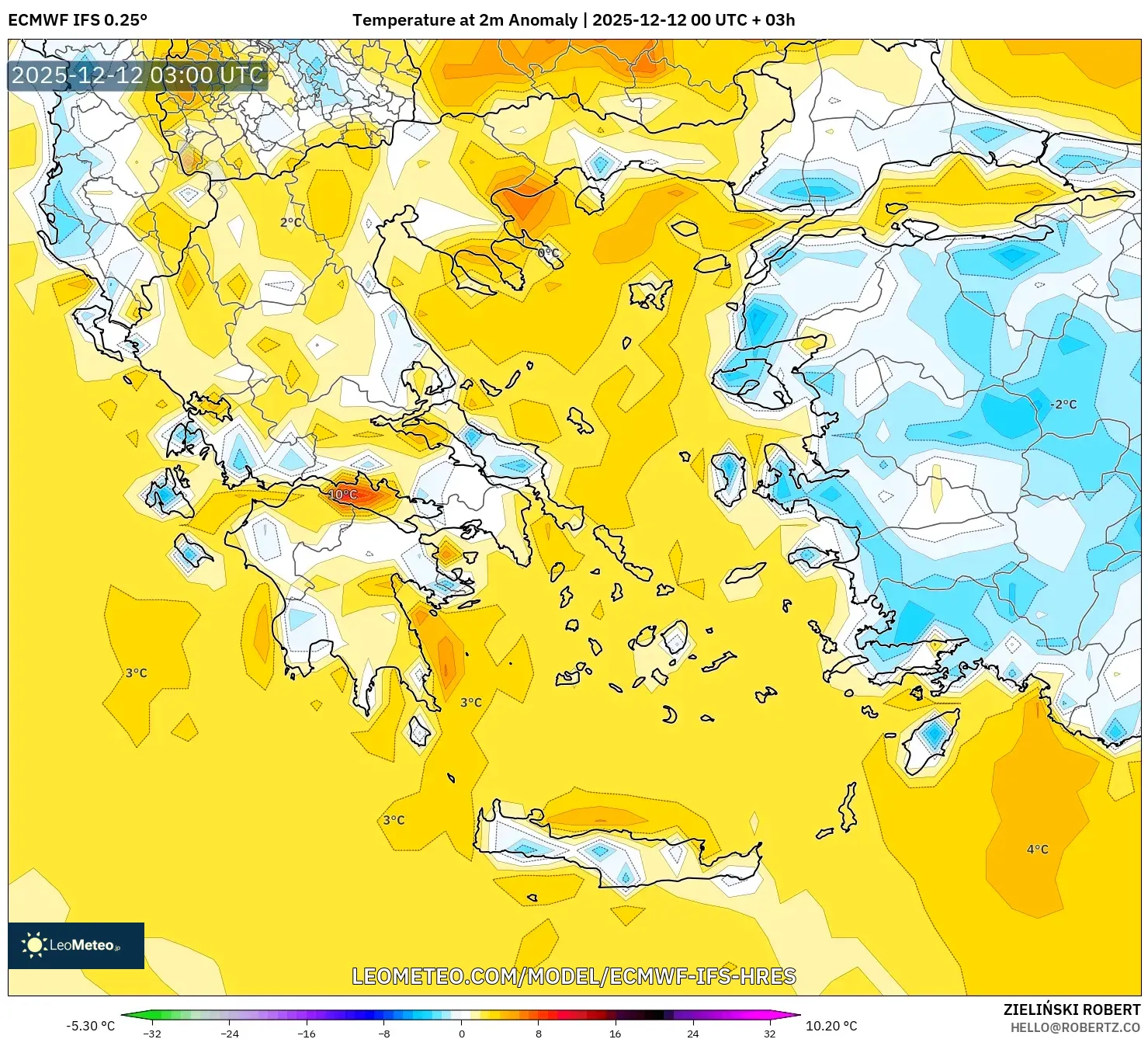 ECMWF IFS 0.25° model - Yunani, Anomali Suhu 2 m