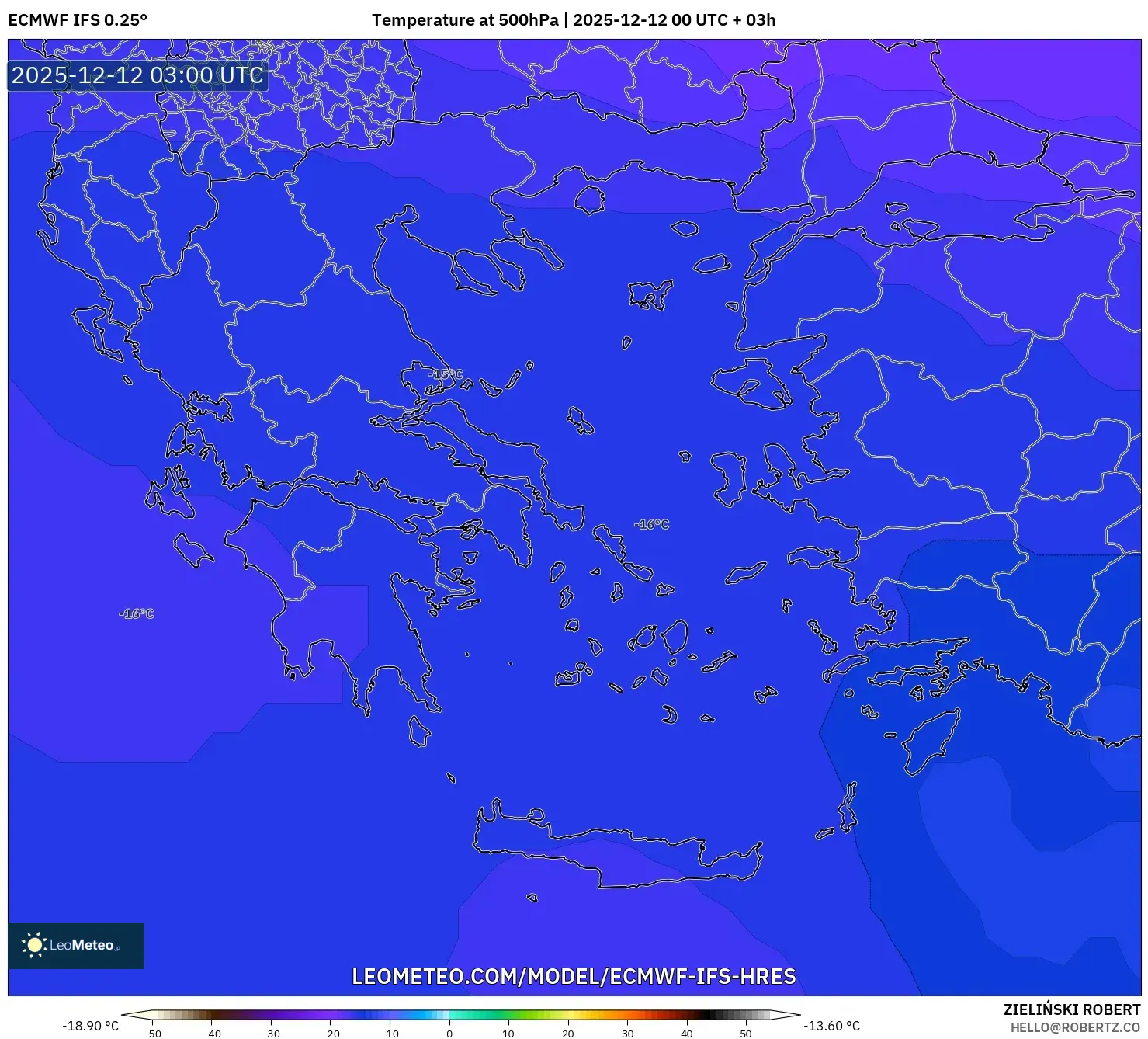 ECMWF IFS 0.25° model - Yunani, Suhu 500 hPa