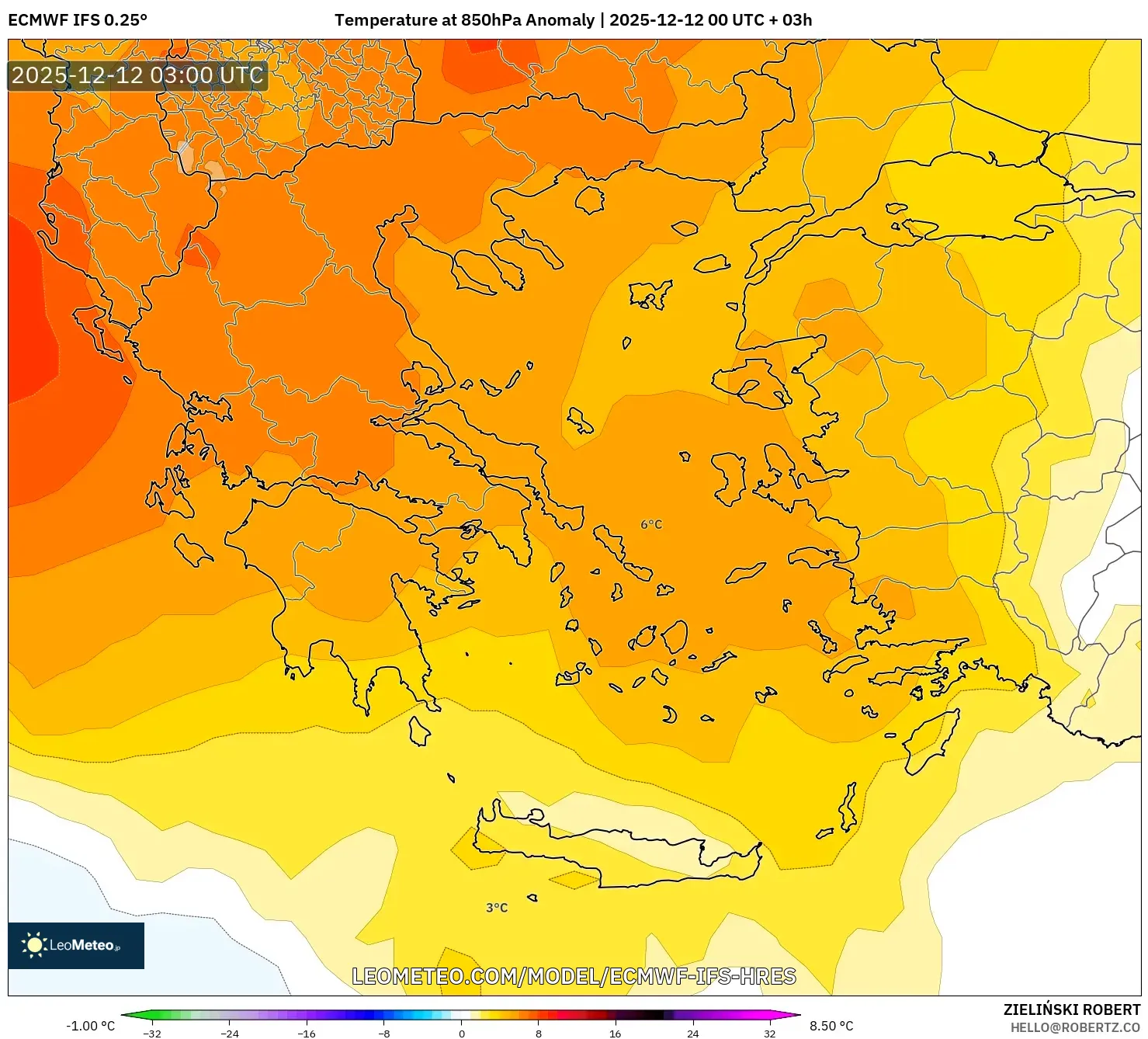 ECMWF IFS 0.25° model - Yunani, Anomali Suhu 850 hPa