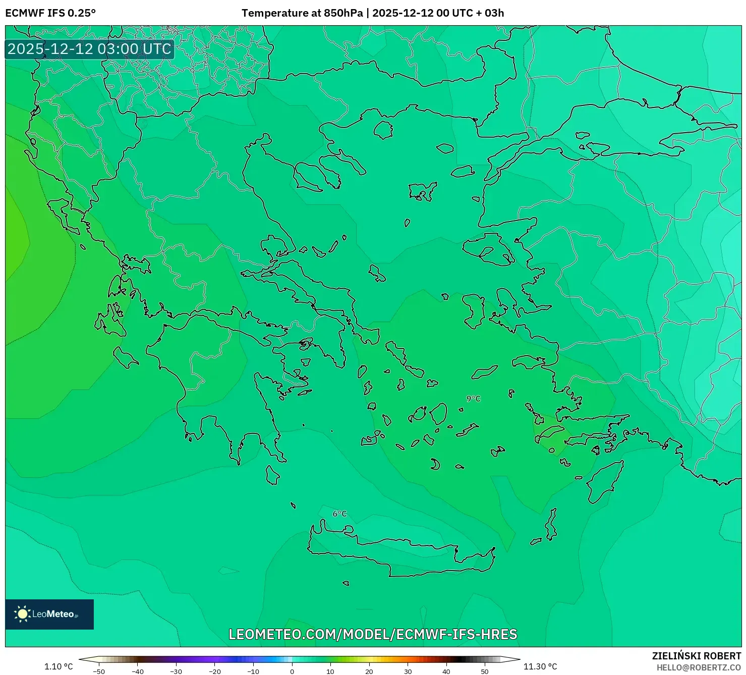 ECMWF IFS 0.25° model - Yunani, Suhu 850 hPa