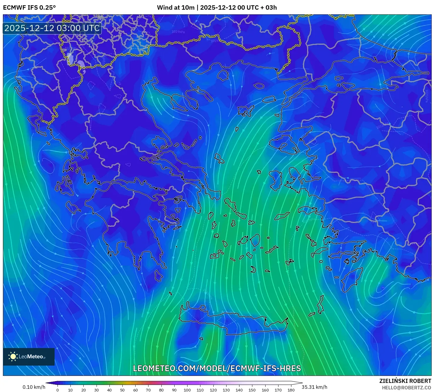 ECMWF IFS 0.25° model - Yunani, Angin 10 m
