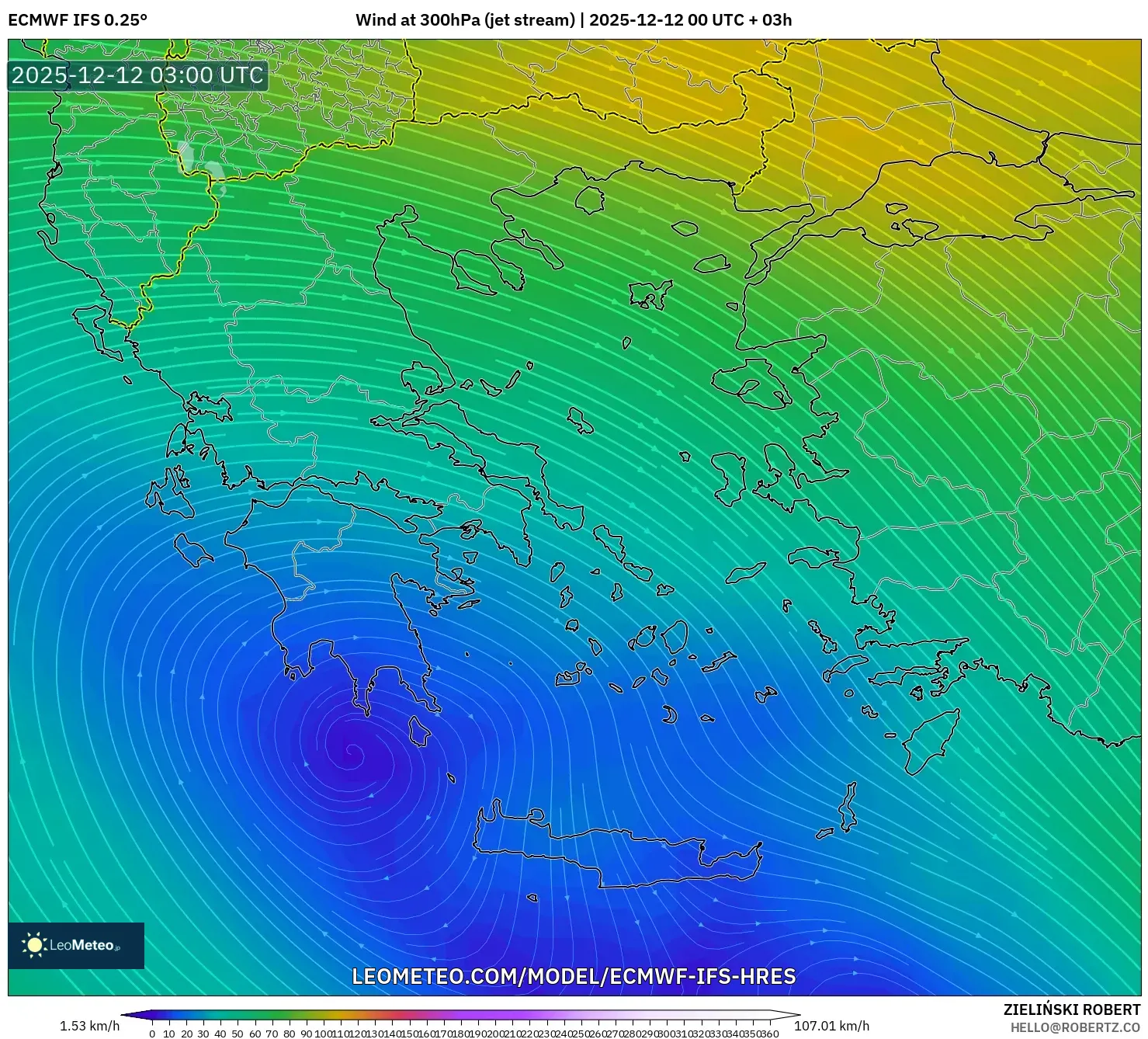 ECMWF IFS 0.25° model - Yunani, Angin 300 hPa (aliran jet)