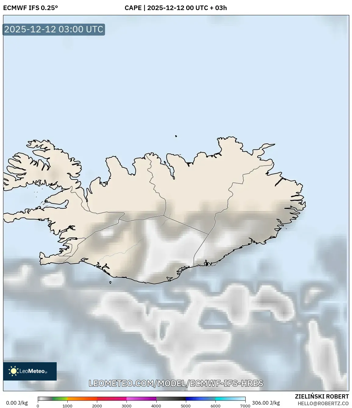 ECMWF IFS 0.25° model - Iceland, CAPE