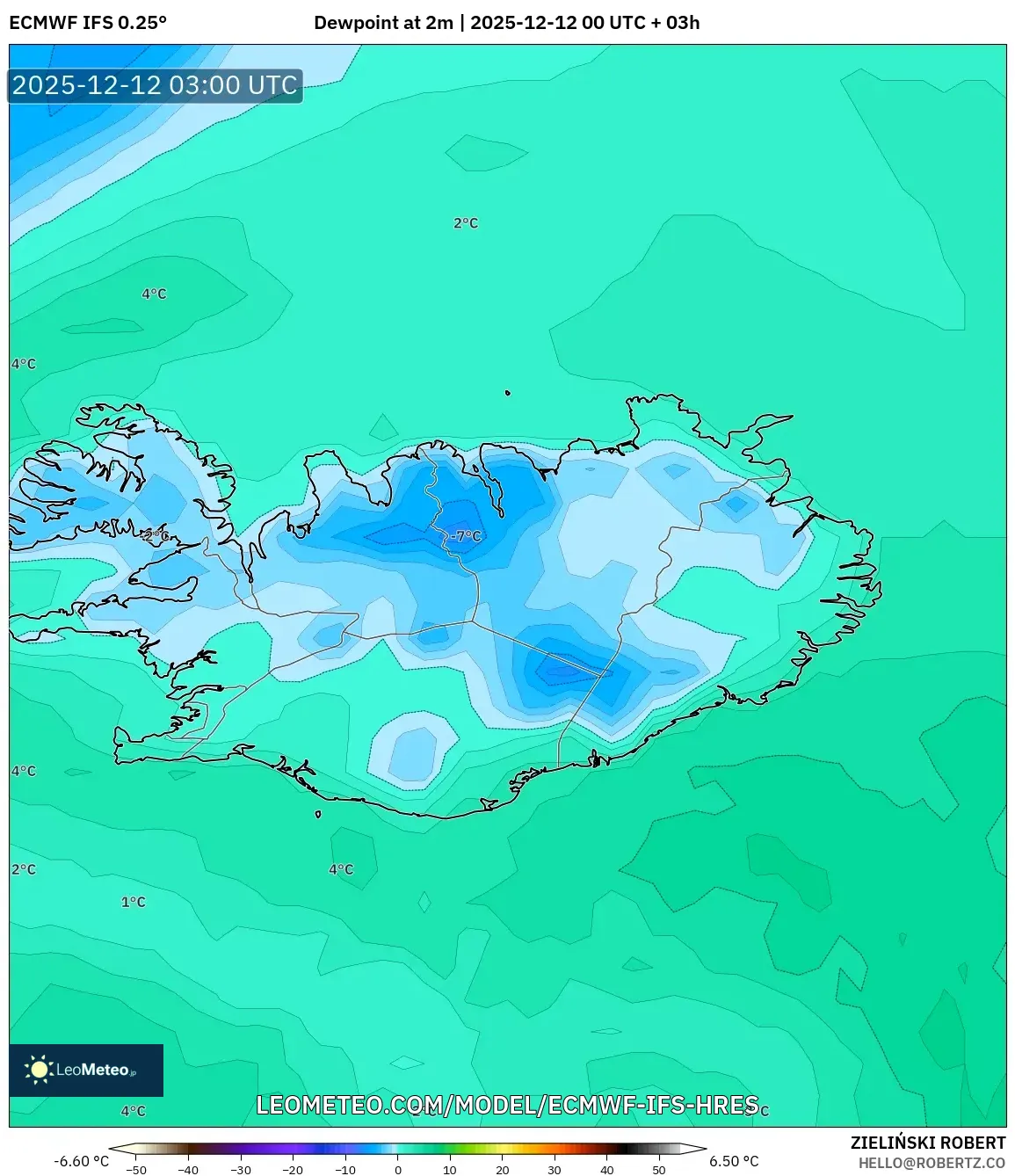 ECMWF IFS 0.25° model - Iceland, Takat Embun 2 m