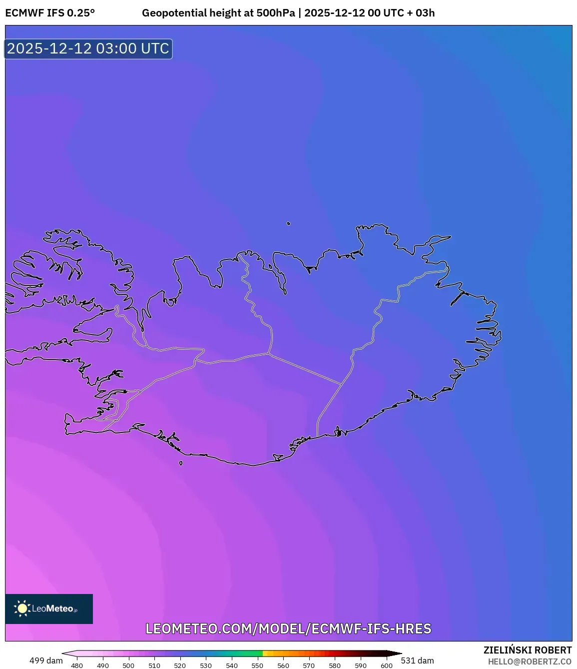 ECMWF IFS 0.25° model - Iceland, Ketinggian geopotensial pada 500 hPa