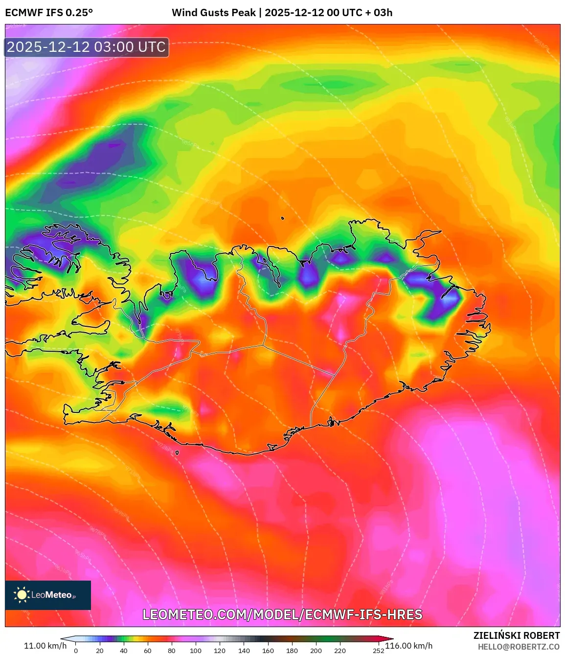 ECMWF IFS 0.25° model - Iceland, Hembusan Tertinggi