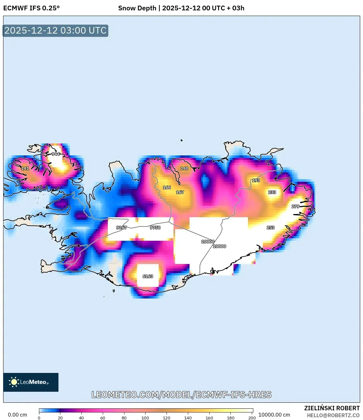 ECMWF IFS 0.25° model - Iceland, Ketebalan Salji