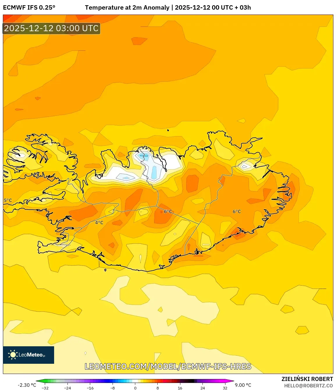 ECMWF IFS 0.25° model - Iceland, Anomali Suhu 2 m
