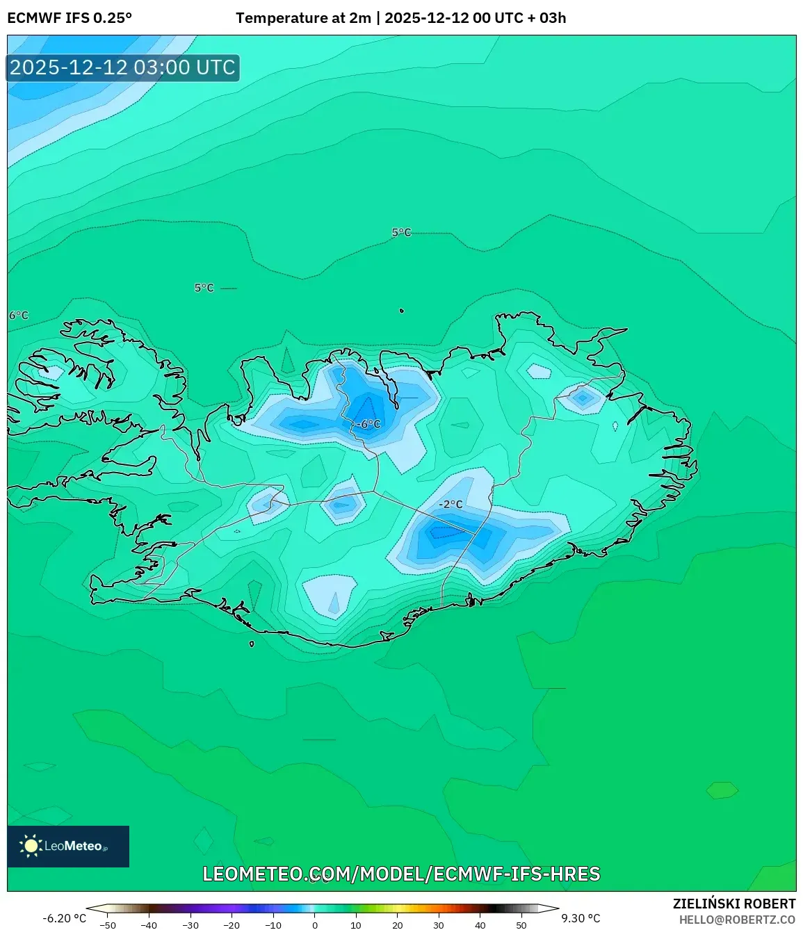ECMWF IFS 0.25° model - Iceland, Suhu pada 2 m