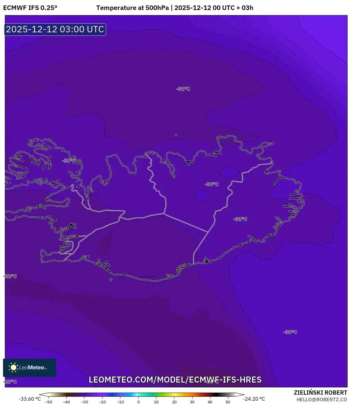 ECMWF IFS 0.25° model - Iceland, Suhu 500 hPa