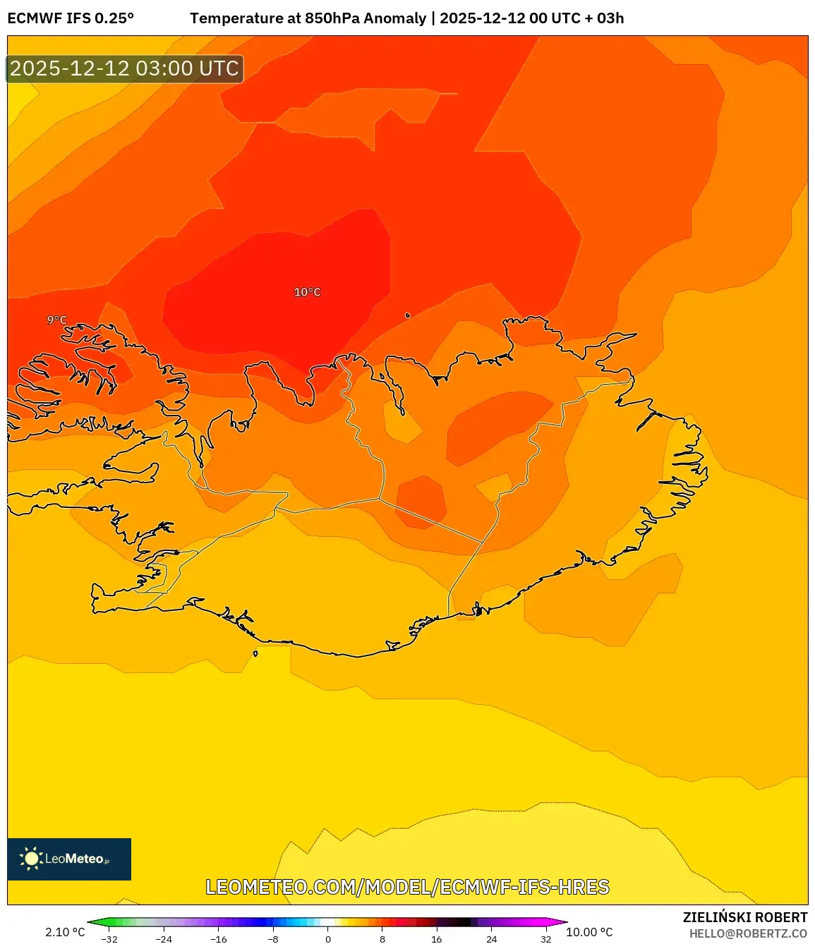 ECMWF IFS 0.25° model - Iceland, Anomali Suhu 850 hPa