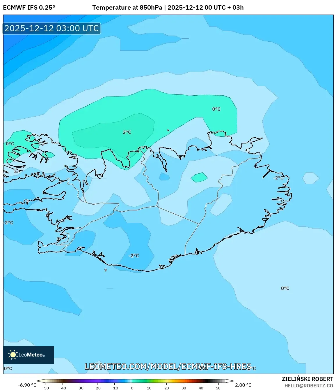 ECMWF IFS 0.25° model - Iceland, Suhu 850 hPa
